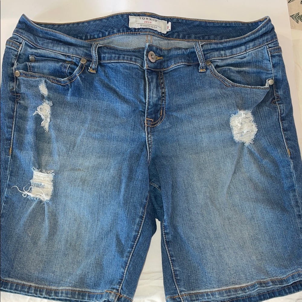 torrid Distressed Mid-Blue Denim Bermuda Shorts